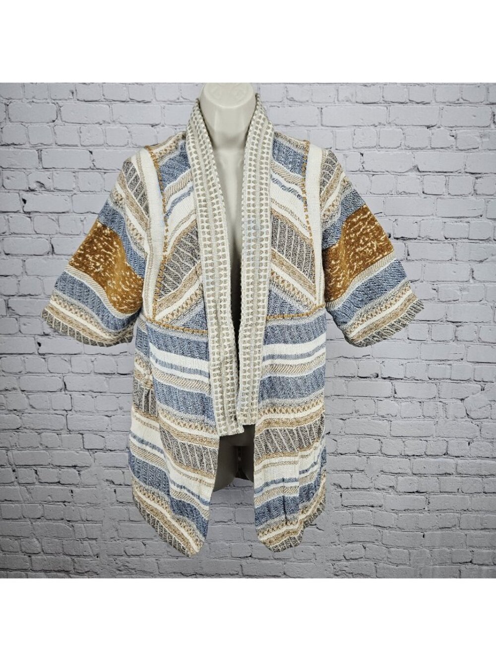 World Market Multicolor 100% Cotton Striped 3/4 Sleeve Open Kimono Cardigan L/XL
